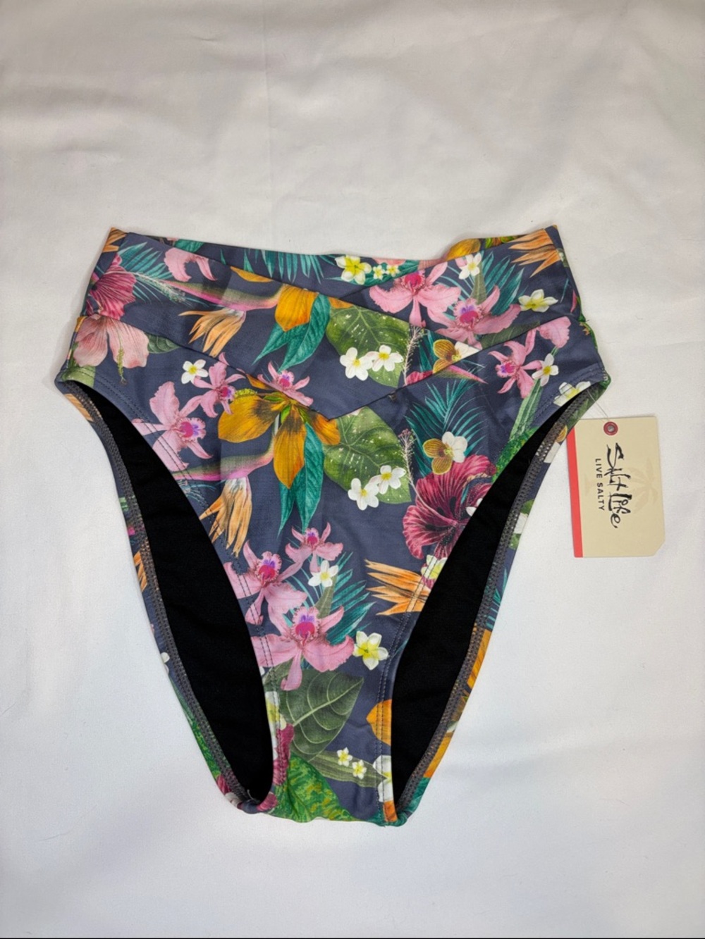 NWT Salt Life High Waist Cross Over Waist Band Ebony Orchid Island Bikini Bottom
